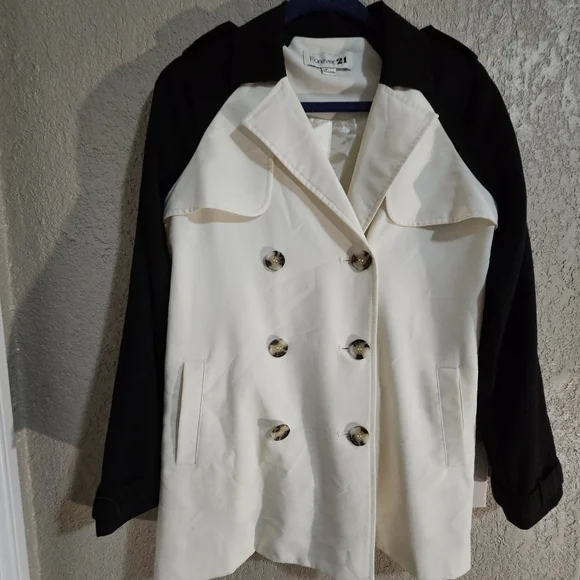 Forever 21 Womens Colorblock Trench Coat Cream Black Double Breasted Small - Picture 1 of 8